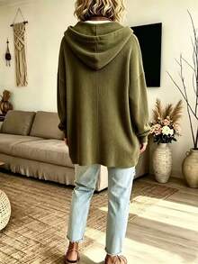 Plus Size Knit Elastic Solid Color Sweatshirt, Pullover Style With Drawstring Hood And Long Sleeves - Army Green - View 3