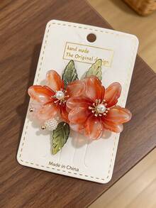1pc Vintage Orange Glass Flower Pearl Edge Clip, 3D Green Leaf Design Hair Accessory, Women's Wedding Banquet Atmosphere Headpiece - Multicolor - View 3