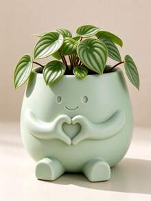 1pc Cute Heart-Shaped Hand Planter, Matte Ceramic Small Plant Pot, Indoor Desktop Succulent Planter, Decorative Home Office Desk Greenery Pot, With Cute Sitting Character Design, Suitable For Daily Room Decor, Mother's Day, Teacher's Day - One Size Fits All - View 4