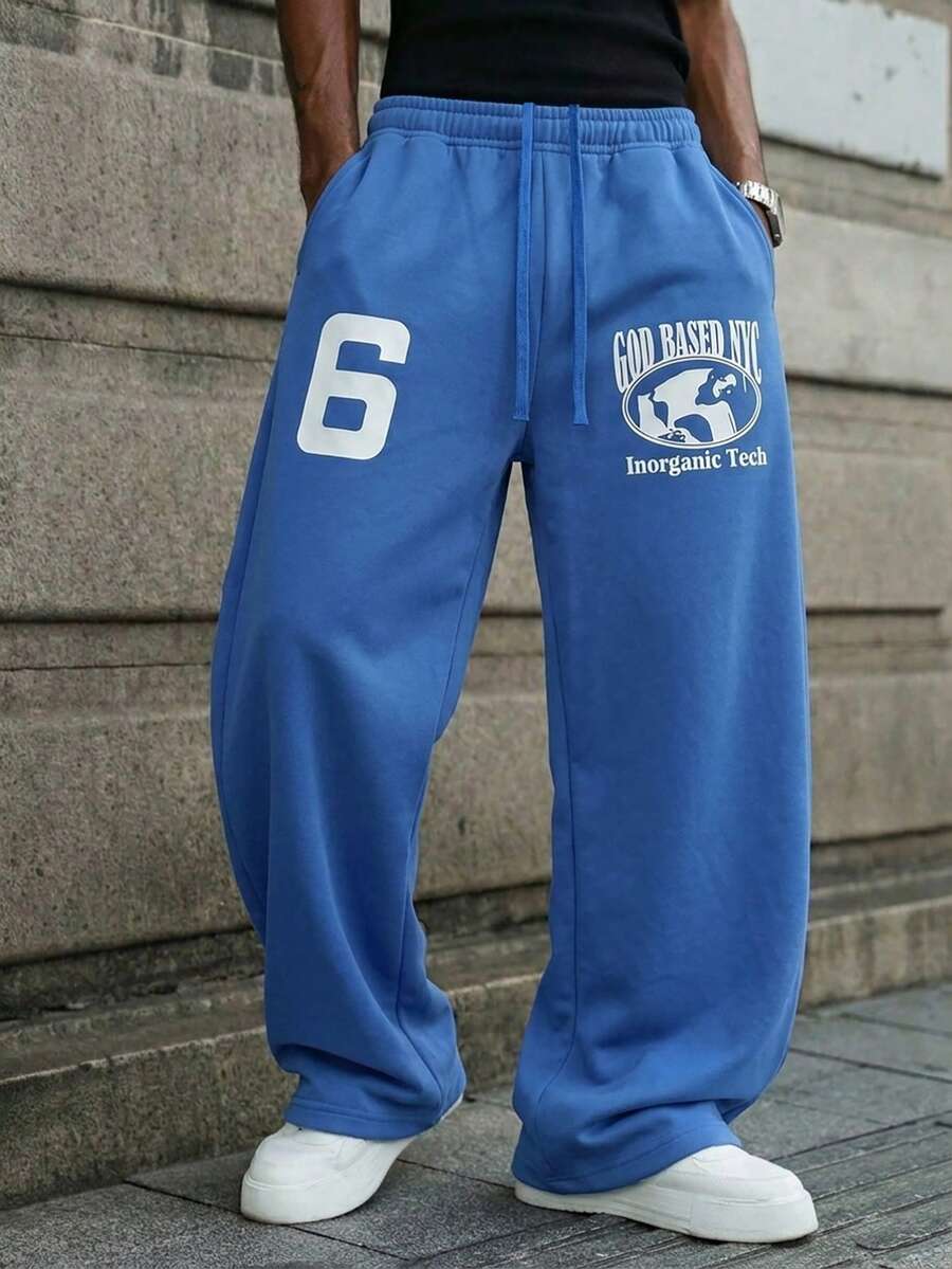 Men's Loose Fit Sports Sweatpants, Printed Casual Joggers, Streetwear Letter Design, Comfortable Versatile Slimming Long Pants - Blue - View 1