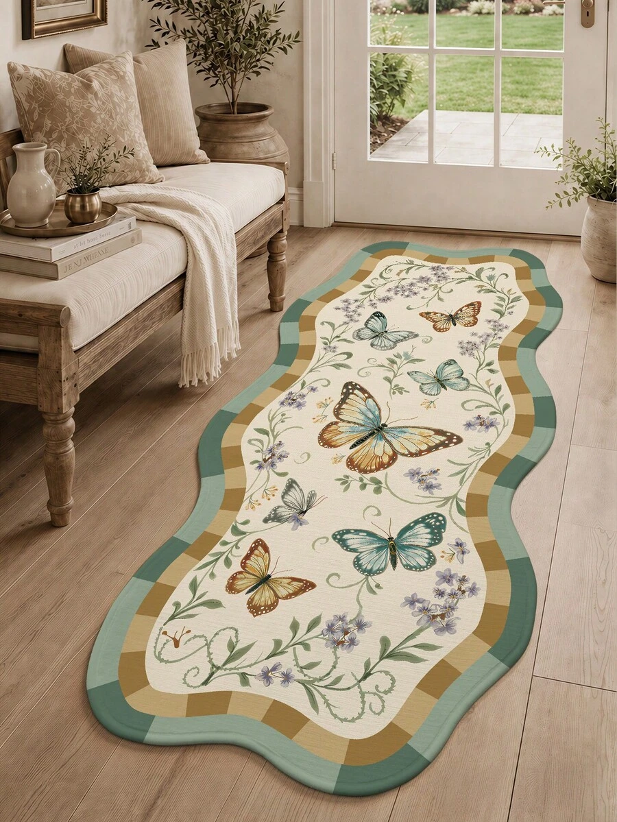 DAJIANG 1pc Vintage Butterfly Floral Rug, Kitchen Rug, Hallway Rug, Area Rug, Suitable For Bathroom, Kitchen, Hallway, Bedroom, Living Room, Bedside Mat, Machine Washable, Easy To Clean, Non-Slip Back, Bedroom Decor, Autumn/Winter Style