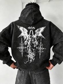 Men's Distressed Washed Hooded Sweatshirt, Autumn/Winter Gothic Angel Cross Back Print, Loose Streetwear Pullover Hoodie - Black - View 4