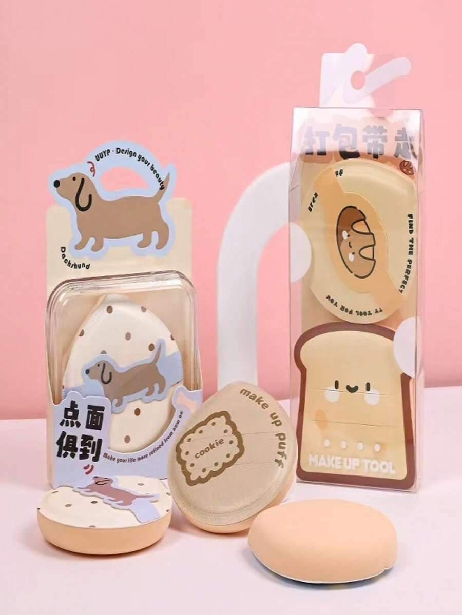 1pc Random Style Cotton Candy Powder Puff, Cartoon Bread Shaped, Dry & Wet Dual-Use Cushion Powder Puff, Non-Absorbent, Soft & Adherent, Even Makeup Application, Practical Makeup Tool - Multicolor - View 1