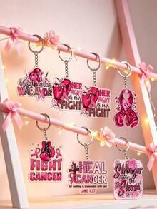 Phong cách 2D phẳng, 6 móc khóa nâng cao nhận thức ung thư vú, bao gồm móc khóa acrylic hình găng tay boxing ruy băng hồng, móc khóa chiến binh truyền cảm hứng chống ung thư - Nhiều màu - Xem 8