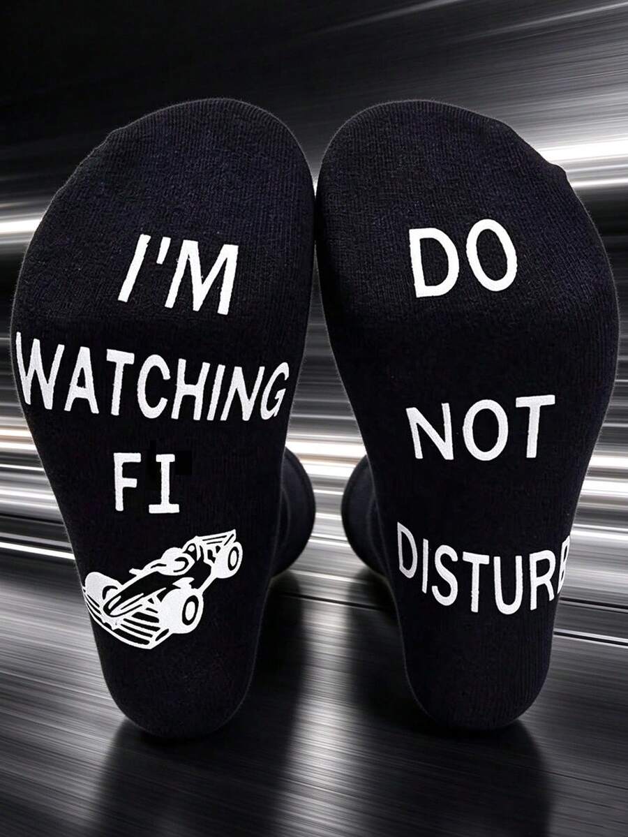 1 Pair Men's Creative Letter Mid-Calf Socks, Novel And Interesting Pattern, Gift For Racing Enthusiasts, Suitable For Men, Women And Teenagers Fun Socks - Multicolor - View 1