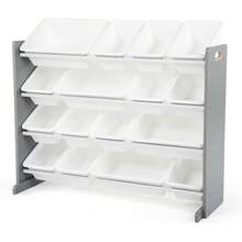 Organizador de Juguetes de Madera Extra Grande con 16 Bandejas Plásticas Blancas, Gabinete de Almacenamiento para Niños Gris y Blanco, Estante de 4 Niveles para Recámara, Sala de Juegos y Guardería, 106.7 * 39.4 * 88.9 cm - Gris/blanco - Ver 2