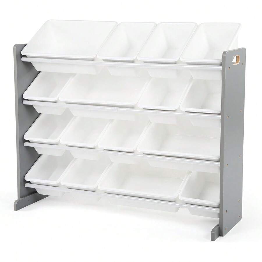 Organizador de Juguetes de Madera Extra Grande con 16 Bandejas Plásticas Blancas, Gabinete de Almacenamiento para Niños Gris y Blanco, Estante de 4 Niveles para Recámara, Sala de Juegos y Guardería, 106.7 * 39.4 * 88.9 cm