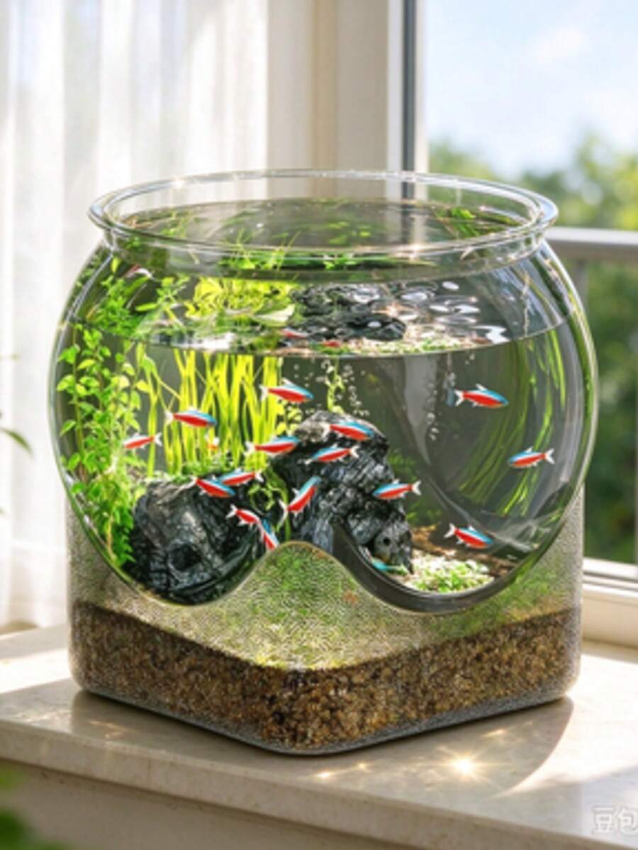 YEGBONG Akuarium Akrilik, Mangkuk Ikan Bulat Transparan dengan Alas Persegi, Akuarium Meja Kecil untuk Ikan Cupang & Ikan Kecil, Tangki Air Meja untuk Kantor, Kamar Tidur, Ruang Tamu
