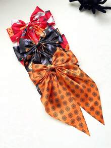 1pc Halloween Accessory Ghost Spider Flowing Ribbon Spring Clip With Embossed Bow Ribbon Print Personalized Party Costume Accessory Wearable Triangle Scarf Headpiece For Back Of Head - Multicolor - View 3