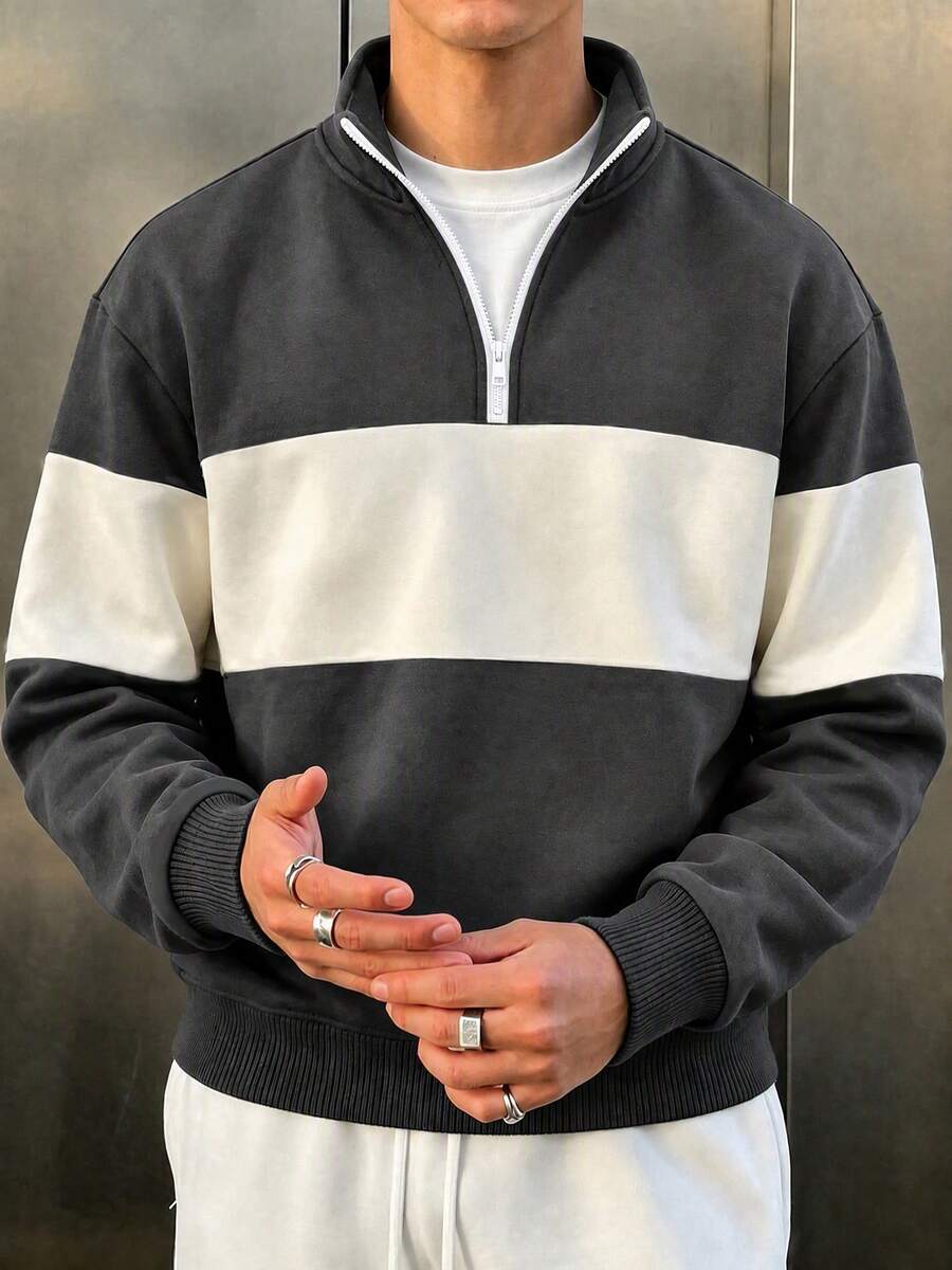 Men's Casual Fashionable Versatile Contrast Color Collegiate Style Comfortable Half-Zip Long Sleeve Sweatshirt, Autumn/Winter - Dark Grey - View 1