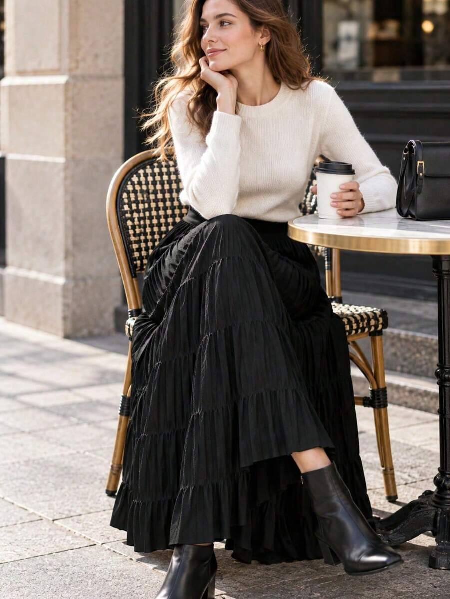 LuminousWealth Women's Solid Color Elegant Knit Pleated Skirt For Daily Wear And Travel, All Seasons - Black - View 1