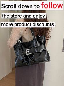 New Fashionable PU Women's Shoulder Tote Bag With Buckle Strap Accents-Large-Capacity Handbag With Pleated Design, And Cool - Black - View 3