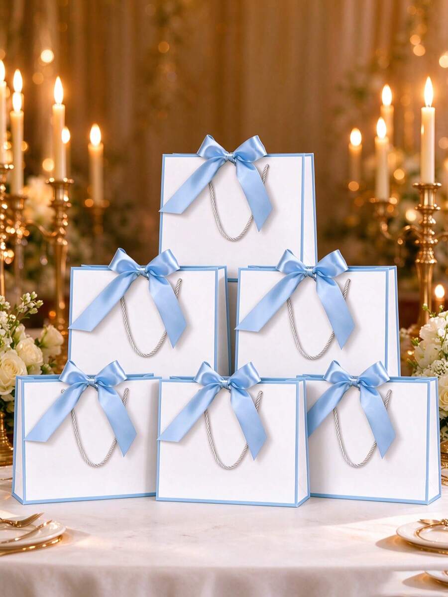 White Paper Gift Bag With Decorative Border, Tote Shopping Bag With Bow And Rope Handle; Suitable For Bridal Shower, Wedding Guest Favors, Baby Shower And Various Party Gift Packaging; Premium Reusable Paper Gift Box, Wedding Favor Bag - Multicolor 3 - View 1