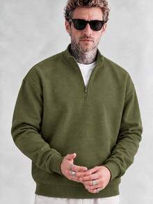 Men's Solid Color Long Sleeve Casual Half-Zip Polo Collar Sweatshirt - Olive Green - View 5
