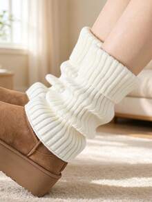1 Pair Women's Ribbed Knit Leg Warmers, Solid Color Slouchy Boot Cuffs, Soft Stretchy Sock Covers For Winter Boots & Daily Outfits - Beige - View 1