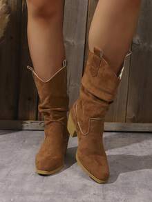 Women's Brown Faux Suede Equestrian Boots, Western Cowboy Mid-Calf Boots, Ruched Shaft, Chunky Heel, Non-Slip Sole, Suitable For Daily Wear - Camel - View 3