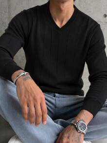 Men's V-Neck Ribbed Knit Sweater, Black Solid Color, Slim Fit, Long Sleeve, Autumn/Winter Pullover, Layering Casual Base Layer - Black - View 6