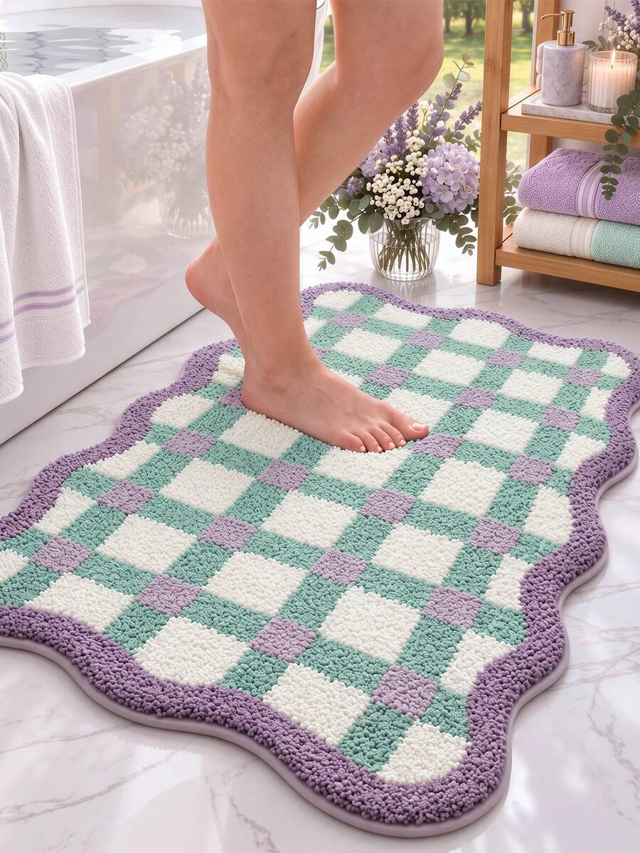 DAJIANG 1pc Bathroom Rug Mat, Flocked Flocked Comfortable Foot Feel, Purple & Green Plaid Pattern, TPR Non-Slip Backing, Suitable For Kitchen, Outdoor, Indoor, Hallway, Bedroom, Living Room Bedside, Machine Washable Easy To Clean, Bathroom Carpet, Autumn Decor, Winter Christmas