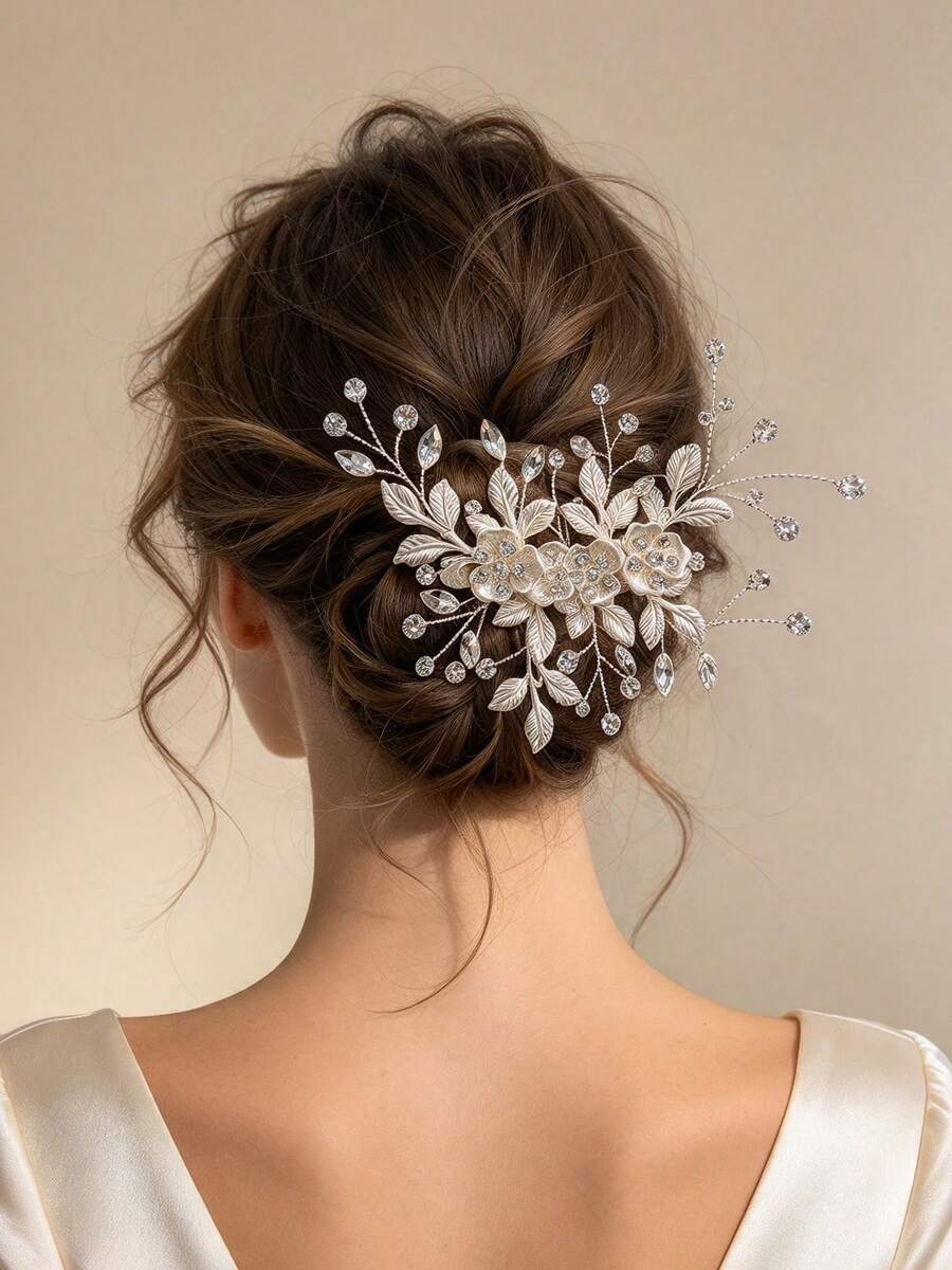 1pc White Flower Leaf Rhinestone Handmade Hair Clip, Women's Back Head Bun Hair Accessory, Bridal Wedding Party Elegant High-End Headpiece - Multicolor - View 1