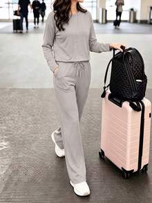 GLAMSKIN Women's Autumn Cotton 2 Pieces Set, Long Sleeve Round Neck Top + Drawstring Wide Leg Pants, Soft Home Casual Street Style Matching Set - Light Khaki - View 10