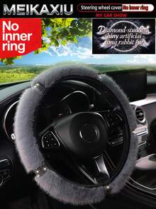 MEIKAXIU Artificial Long Rabbit Fur Rhinestone Bling Bling Car Steering Wheel Cover Without Inner Ring, Suitable For 38cm (15inch) Car Decoration Accessories For Women - Faux Rabbit Fur With Rhinestone Trim - View 9