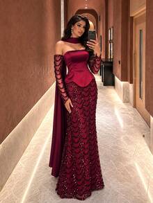 UNITHORSE[Random Cut]Bandeau Waist-Cinched Sequin Patchwork Satin Floating Panel Evening Dress - Burgundy - View 4