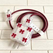 5pcs/Set Burgundy Bow & Bead Design Phone Charger Protective Case 20W/18W, Charging Cable Protector, Charger Head Protective Shell, Compatible With IPhone 13/16/15/14 Charger Protection Set - Burgundy - View 6