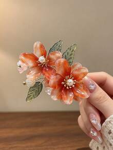 1pc Vintage Orange Glass Flower Pearl Edge Clip, 3D Green Leaf Design Hair Accessory, Women's Wedding Banquet Atmosphere Headpiece - Multicolor - View 6