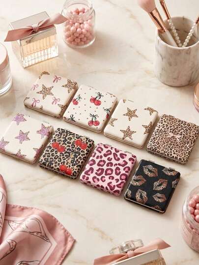 Espejo de maquillaje plegable y portátil con estampado de leopardo vintage, estrella de cereza, espejo de maquillaje de bolsillo de doble cara, espejo de tocador portátil con estética Y2K, regalo para fiesta de Navidad y cumpleaños, regalo de invitación para dama de honor, relleno de calcetín navideño