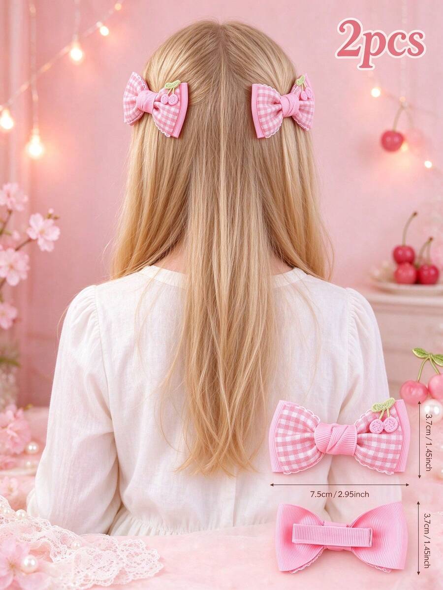 2PCS Pink Gingham Bows For Girls Crochet Cherry Lace Trim Decor Alligator Clips Party Daily Hair Clips Kids Hair Accessories - Multicolor - View 1
