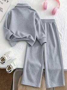 2pcs Girls Outfit Set, Includes Half-Zip Hooded Sweatshirt (Printed With Letter "A") And Loose Wide-Leg Pants, Fashionable Versatile Autumn/Winter New Style - Grey - View 3