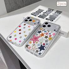 2件裝創意全螢幕星星與波點圖案彩繪眼睛防摔手機殼，適用於 Apple XS/XS Max/XR/11/12/13/14/14 Plus/15/15 Plus/16/16 Plus/17/17 Pro 及其他機型保護殼，拍攝時光線可能導致輕微色差 - 彩色 - 查看 2