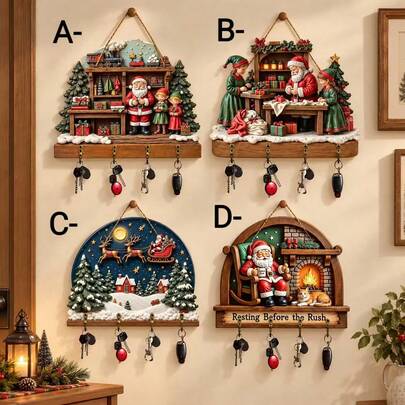 Gantungan Kunci Kayu Datar 2D untuk Natal, Sinterklas, Peri, Kereta Rusa, Dekorasi Dinding Bertema Perapian, Plakat Kayu dengan 4 Kait, Dekorasi Dinding Pintu Masuk Natal Gaya Rumah Pertanian Vintage, Ornamen Gantung Teras Rumah Liburan, Hadiah Pindah Rumah Natal