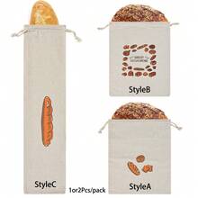 1/2pcs Off-White Linen Drawstring Bread Bag, Reusable French Baguette Bag, Cookie Bag, Picnic Bread Food Storage Bag, Bread Pattern Storage Bag, Multiple Patterns Available - Multicolor - View 1