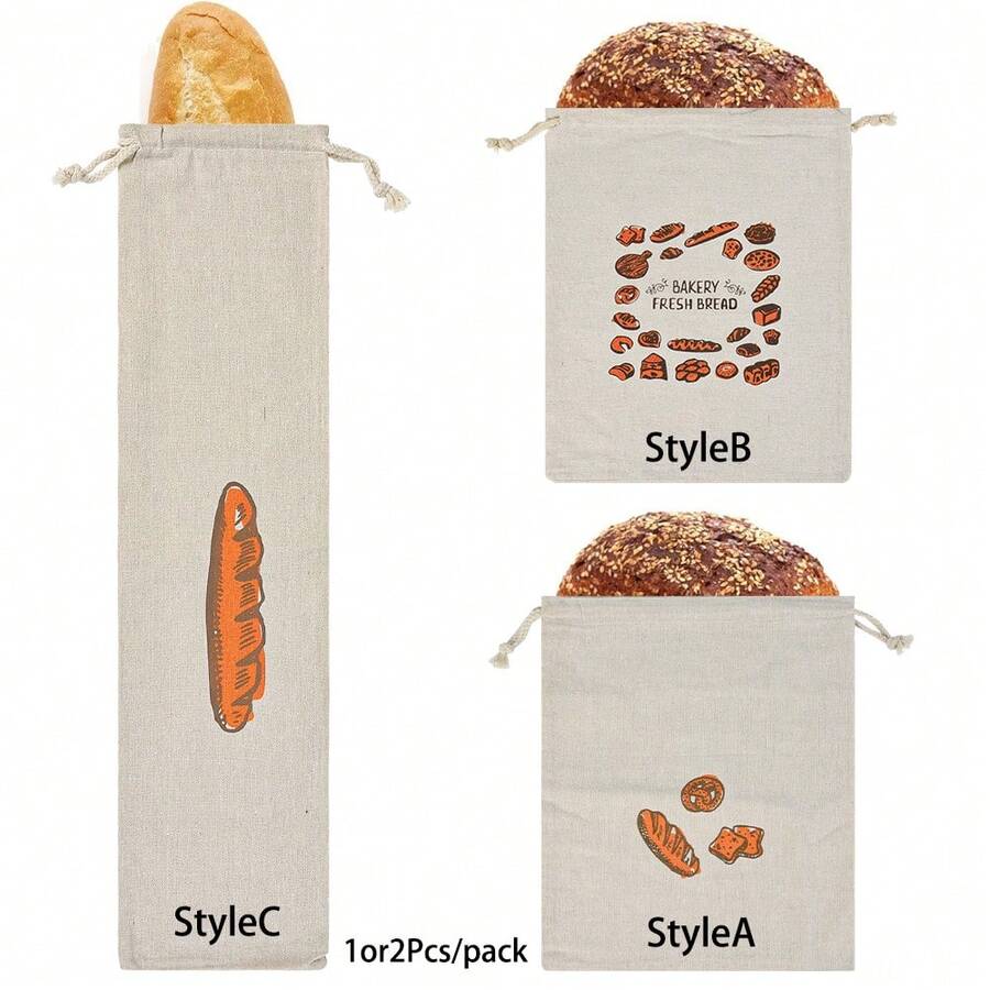 1/2pcs Off-White Linen Drawstring Bread Bag, Reusable French Baguette Bag, Cookie Bag, Picnic Bread Food Storage Bag, Bread Pattern Storage Bag, Multiple Patterns Available - Multicolor - View 1