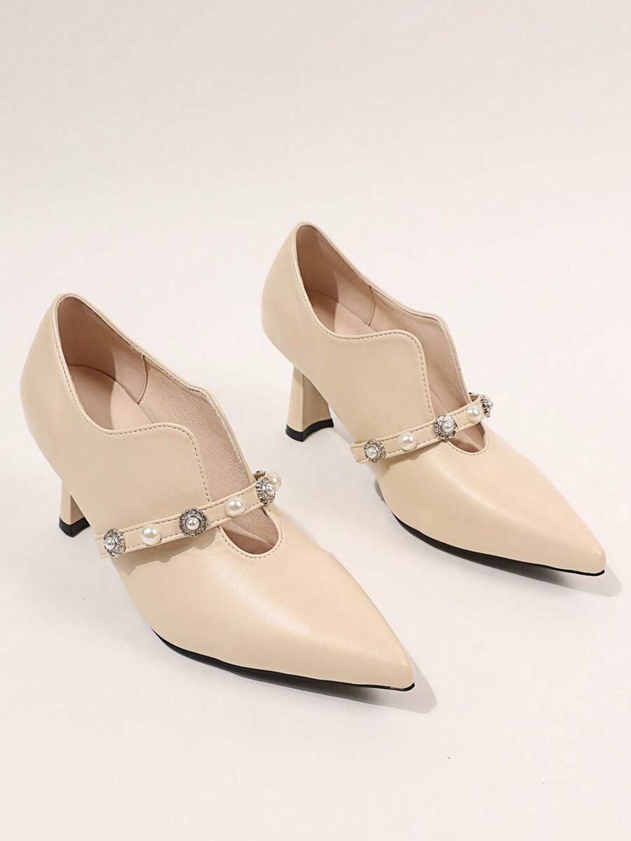 1 Pair Girl's Pointed Toe 7CM Stiletto Pumps, Soft PU With Rhinestone Buckle And Pearl Decor, Slip-On Design, Fashion Daily Commute Style, Wedding High Heels, Suitable For Daily Shopping, And Evening Parties - Apricot - View 1