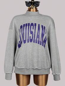 Autumn Streetwear Women Grey Tops For Everyday Outfits Graphic Long Sleeve Mock Neck Sweatshirt For Work Outfits For Back To School - Grey - View 5