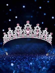 1pc Fashionable Exquisite Alloy Crown, Suitable For Women's Wedding Party Hair Accessory, Holiday Celebration Accessory, Suitable For Women All Seasons Wear - Silver Pink - View 1