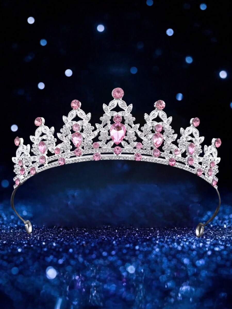 1pc Fashionable Exquisite Alloy Crown, Suitable For Women's Wedding Party Hair Accessory, Holiday Celebration Accessory, Suitable For Women All Seasons Wear - Silver Pink - View 1