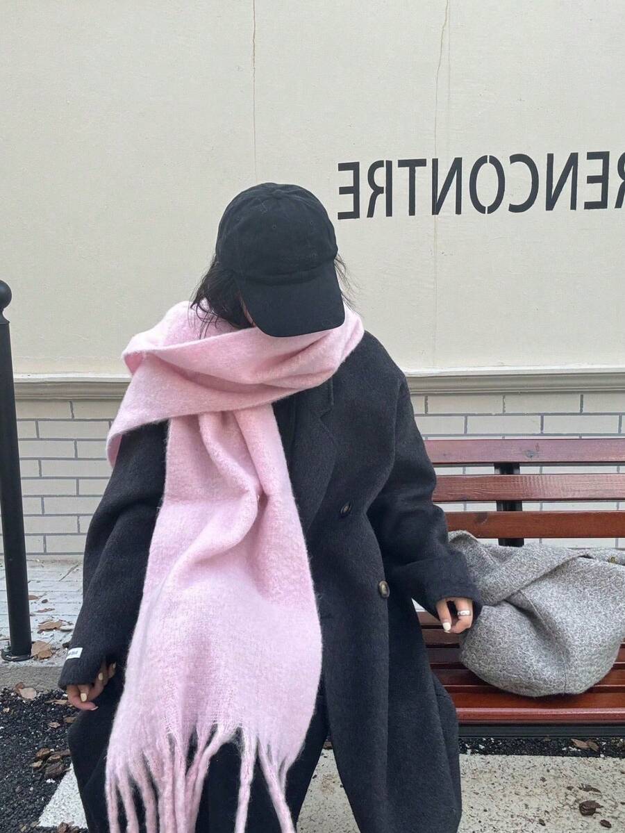 1pc Solid Color Scarf, Winter Warm Neck, Thickened Wool Knitted Tassel Shawl, Winter Dress Scarf