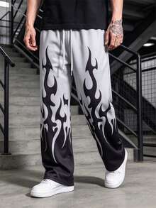 Celana Panjang Pria Gaya Streetwear Gelap Amerika, Celana Panjang Kaki Lebar Kasual, Patchwork Warna Blok, Tali Serut, Pinggang Elastis, Kaki Lurus - Hitam - View 1