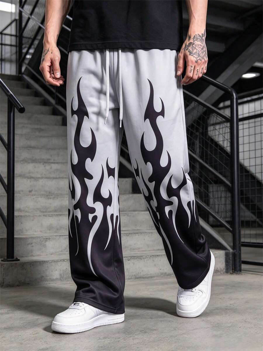 Celana Panjang Pria Gaya Streetwear Gelap Amerika, Celana Panjang Kaki Lebar Kasual, Patchwork Warna Blok, Tali Serut, Pinggang Elastis, Kaki Lurus - Hitam - View 1