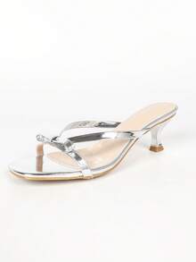 Women's Square Toe Kitten Heel Mules, Silver Metallic Finish With Bow Decor, Slip On Slide Sandals For Night Out Party - Silver - View 9
