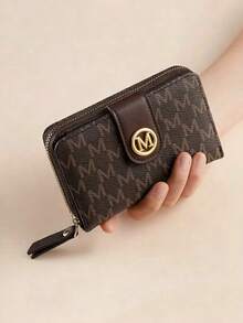 Fashion Letter Print Bi-Fold Multi-Slot Women's Wallet, Medium Size, Large Capacity, Short Wallet With Multiple Card Slots, Thick And Durable, Handbag, Vintage Coin Purse, Zippered Wallet, Multi-Compartment Coin Purse, Card Holder, Women's Wallet, Small Wallet - Coffee - View 1