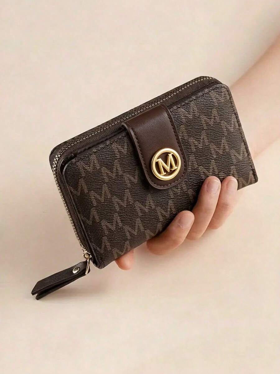 Fashion Letter Print Bi-Fold Multi-Slot Women's Wallet, Medium Size, Large Capacity, Short Wallet With Multiple Card Slots, Thick And Durable, Handbag, Vintage Coin Purse, Zippered Wallet, Multi-Compartment Coin Purse, Card Holder, Women's Wallet, Small Wallet - Coffee - View 1