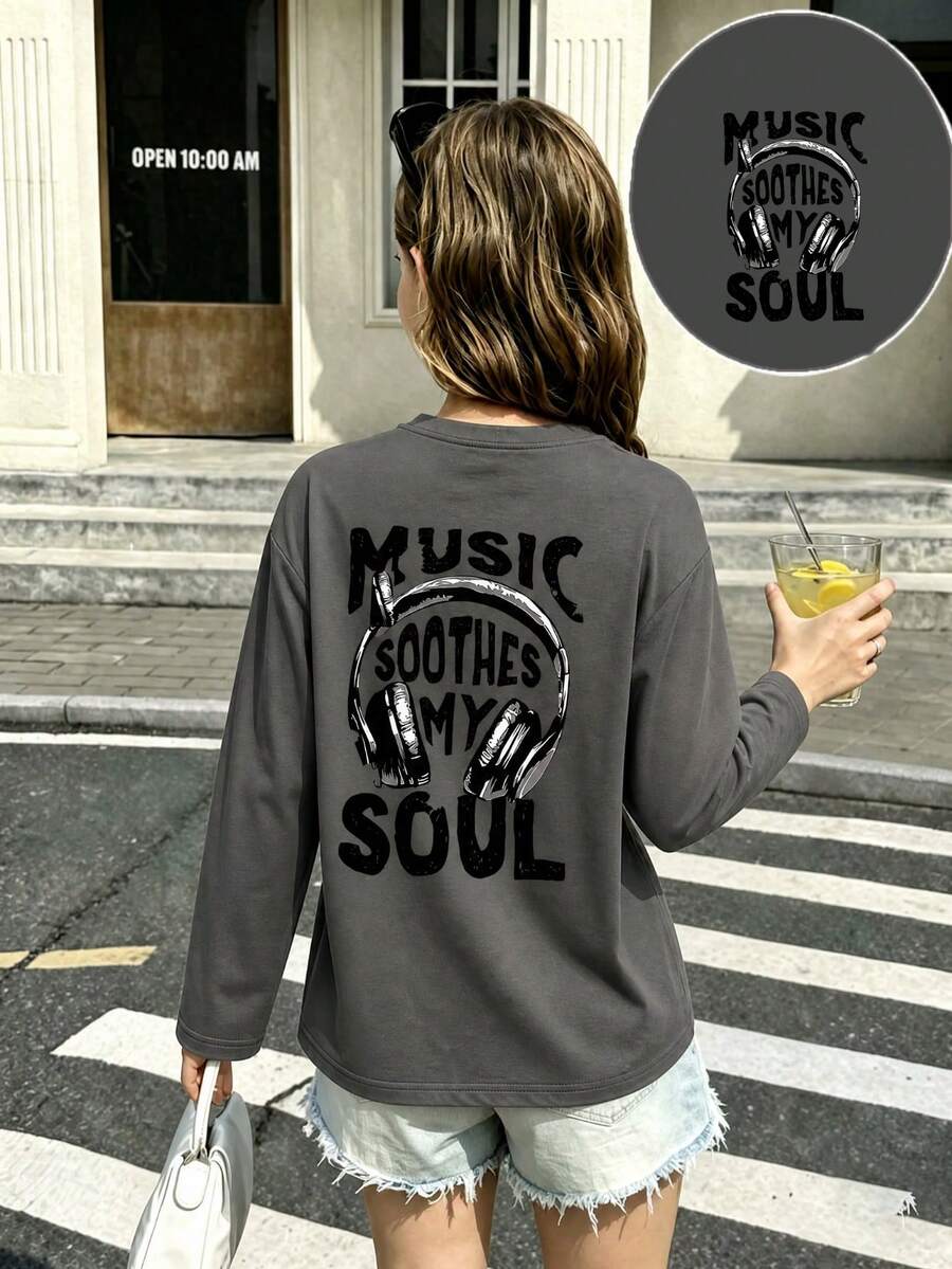 Tween Girl Graphic Print Round Neck Long Sleeve T-Shirt, Autumn/Winter Top - Dark Grey - View 1