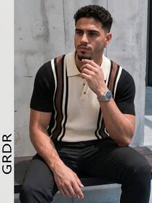 GRDR Men's Summer Contrast Color Seagull Collar Solid Color Short Sleeve Knit Sweater, Suitable For Summer Outings, Fashionable Outfit Essential - Black - View 1
