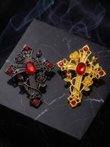 2PCS Dark Gothic Rose Vine Cross Pendant Necklace & Brooch Set For Women Vampire Core Ruby Red Rhinestone Filigree Jewelry Y2K Alt Accessories - Black - View 5