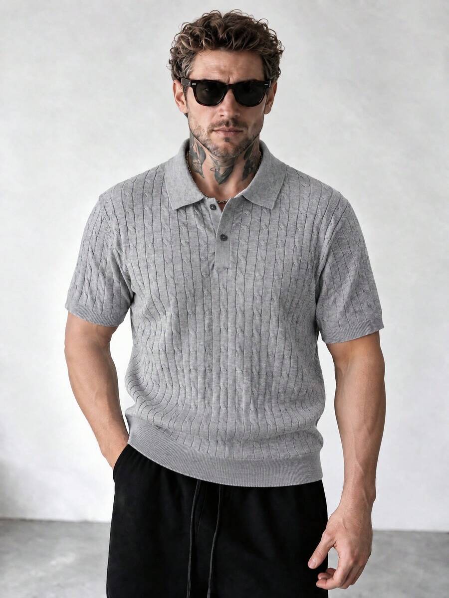 Men's Cable Knit Polo Shirt, Solid Color, Short Sleeve, Slim Fit, Textured, Casual Business Commute Top, Spring/Autumn