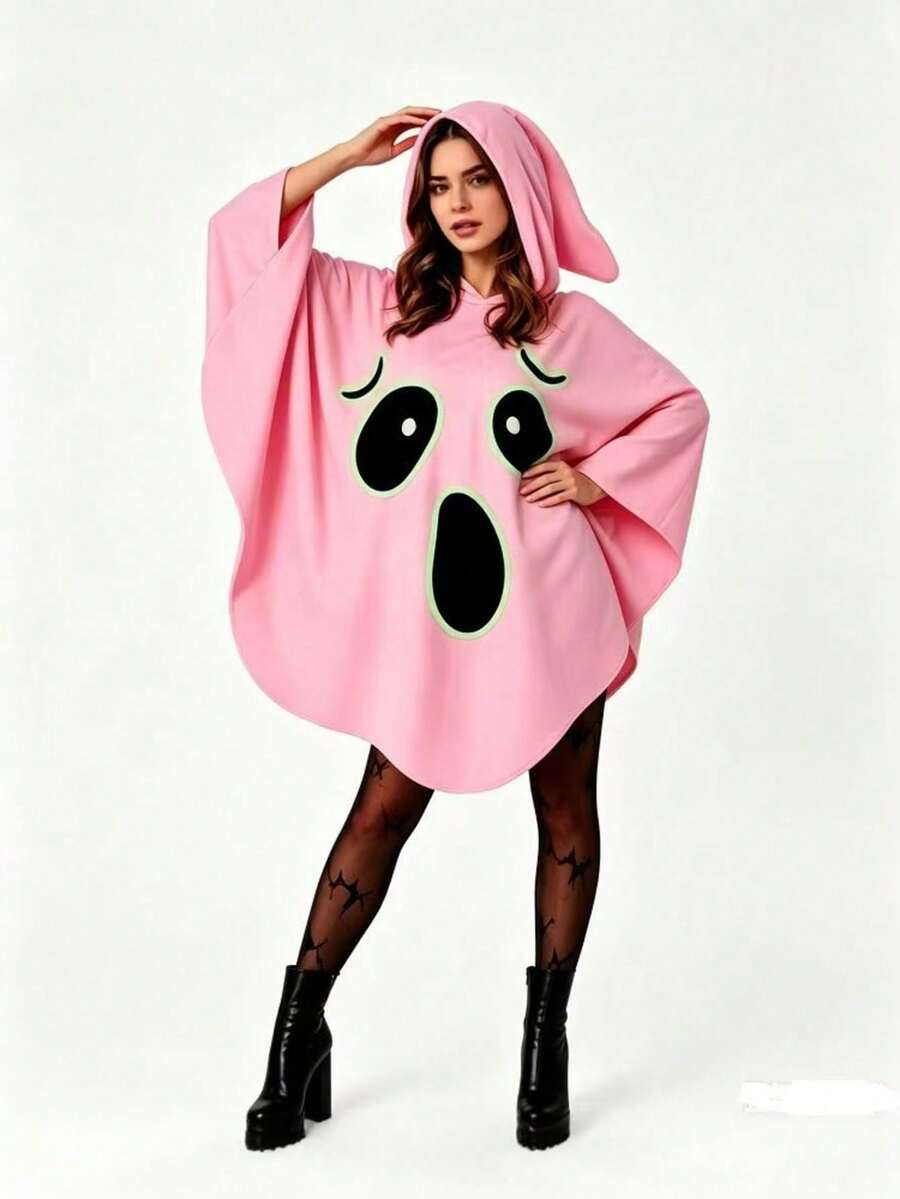 1pc Halloween Ghost Theme Hooded Cloak Print, Holiday Party Outfit